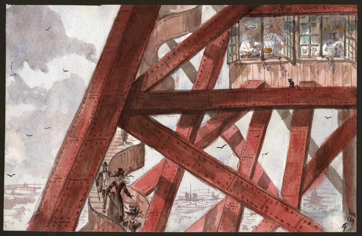 Turistit Eiffel-tornin portailla Pariisissa. Ensimmäisen kerroksen ravintolassa kokit. 1889 (kuva) tekijältä . .