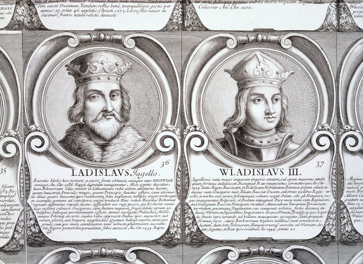 Wladyslaw II Jagiello ja Wladyslaw III Warnenczyk, no. 36 ja 37 sarjasta "Series Chronologica Ducum et Regum Polonorum" (kaiverrus) tekijältä . .