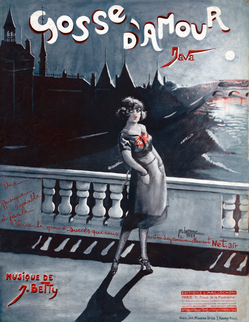 Nainen Pont au Change -kadulla Pariisissa, hänen takanaan Seine ja Conciergerie. 1921 (kuva) tekijältä . .