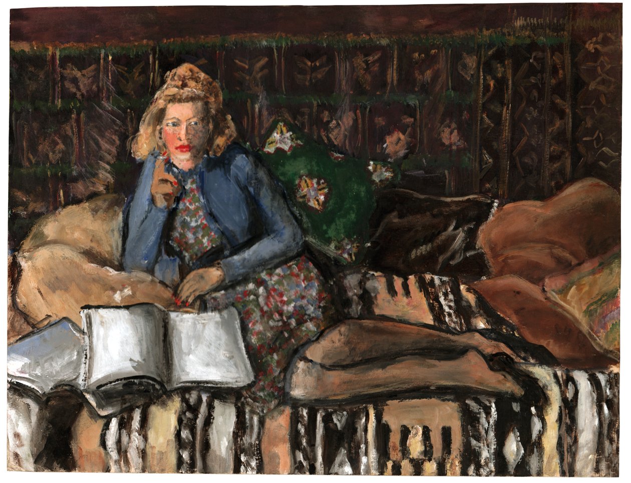 Nainen lukee, noin 1940-1950 tekijältä . .