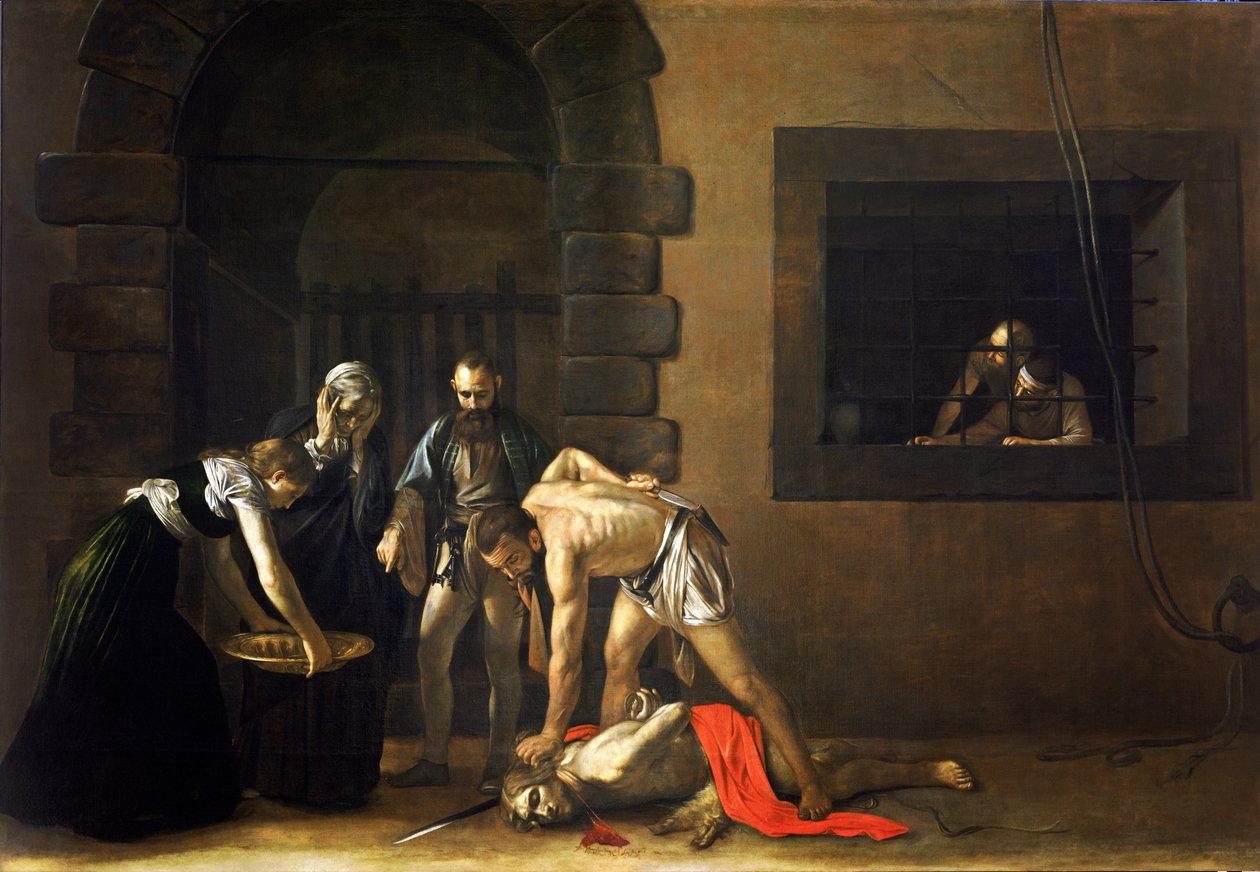 Pyhän Johannes Kastajan mestaus Polski: Ścięcie św. Jana Chrzciciela englanti: Pyhän Johannes Kastajan pään mestaus tekijältä Michelangelo Merisi da  Caravaggio
