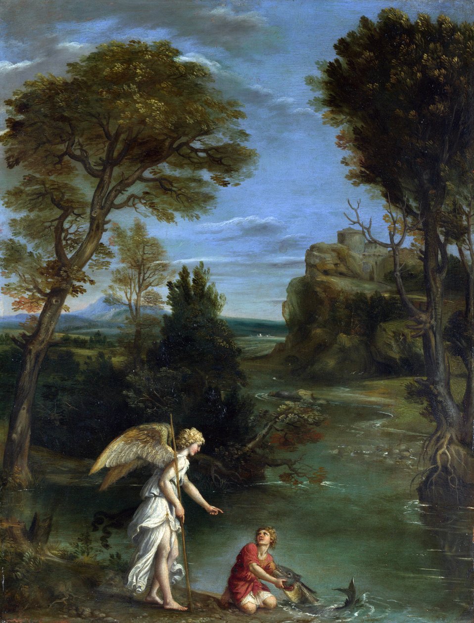 Maisema, jossa Tobias pitää kiinni kalasta tekijältä Domenichino