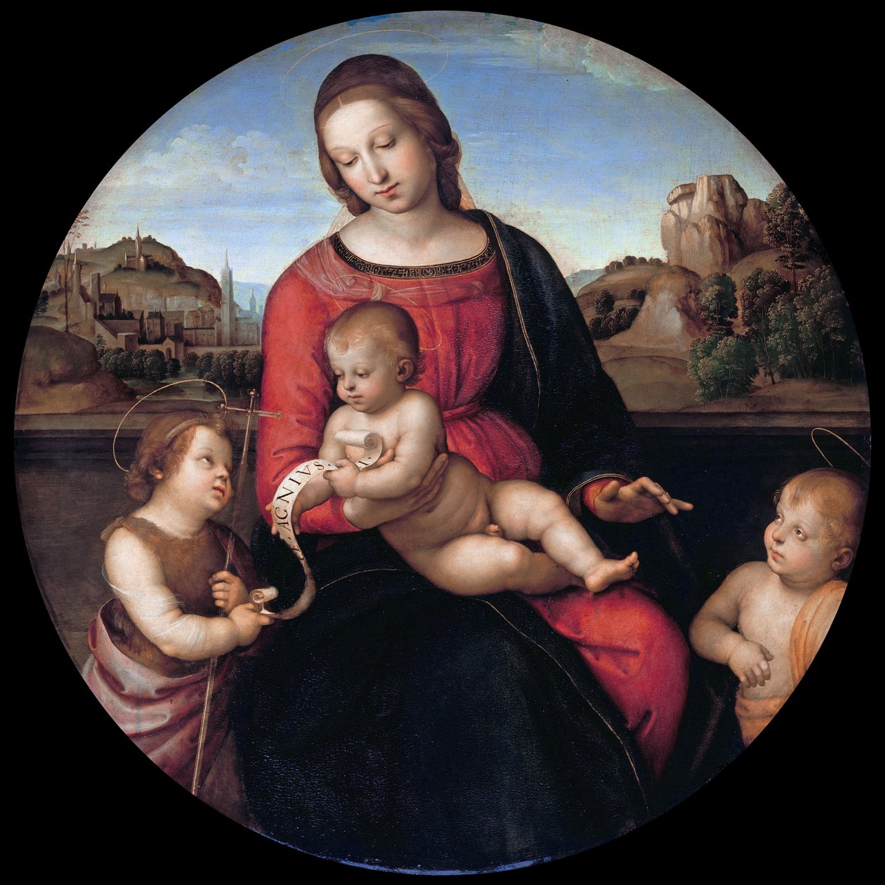 Maria lapsen kanssa, Johannes Kastaja ja pyhä poika (Madonna Terranuova) tekijältä Raphael