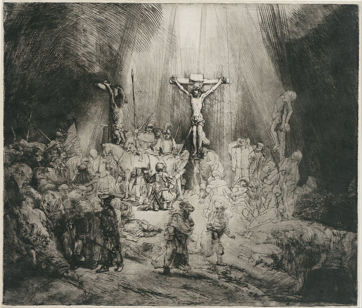 Kristus ristiinnaulittu kahden varkaan välille (kolme ristiä) tekijältä Rembrandt van Rijn