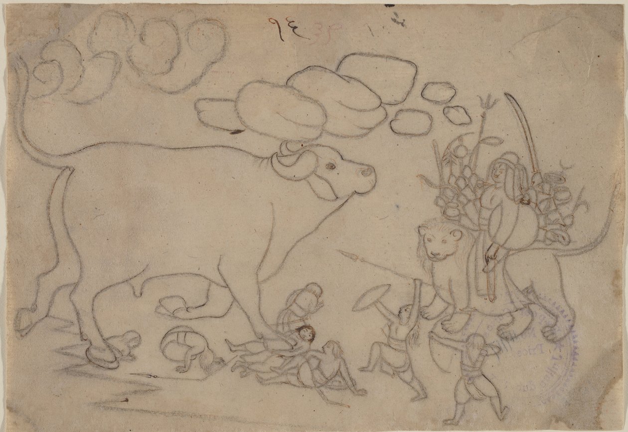 Durga kohtaa Buffalo Demon Mahishan: Scene from the Devi Mahatmya, Ka. 1780. tekijältä a first generation master after Nainsukh