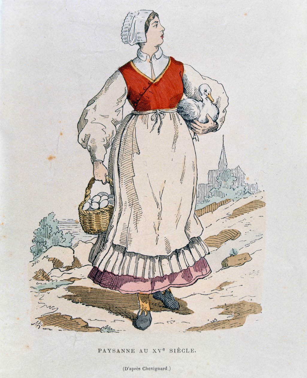 Ranskalainen talonpoika 1500-luvulla, kuvitus Augustin Challamelin teoksesta Costumes Civils et Militaires Francais a travers les siecles, 1881 tekijältä after Chevignard