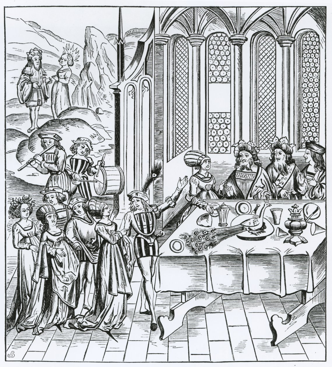 Valtion juhla - riikinkukon palveleminen puupiirroksen jälkeen Vergiliuksen painoksessa, julkaistu Lyonissa, 1517 tekijältä French School