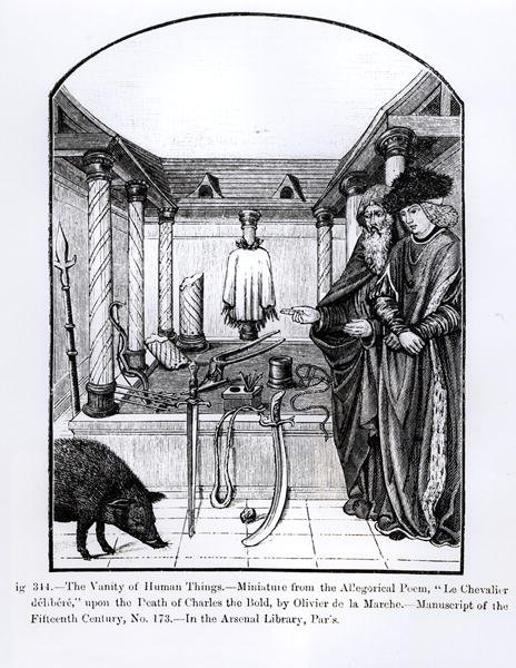 Ihmisten turhamaisuus, kirjasta Le Chevalier delibere, Olivier de la Marchen allegorinen runo Kaarle Rohkean (1433–1477) kuoleman jälkeen, kuvitus teoksesta Tiede ja kirjallisuus keskellä tekijältä French School