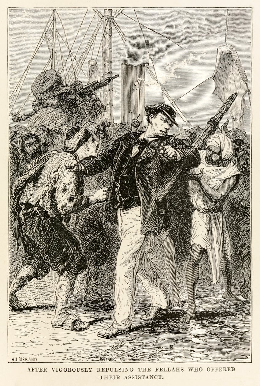 Kun hän on torjunut tarmokkaasti apuaan tarjonneet kaverit, Jules Vernen (1828-1905) teoksesta Maailman ympäri kahdeksassakymmenessä päivässä, Henri-Théophile Hildebrandin (1824-1897) kaiverrus 1873 (kaiverrus). tekijältä after Alphonse Marie de Neuville