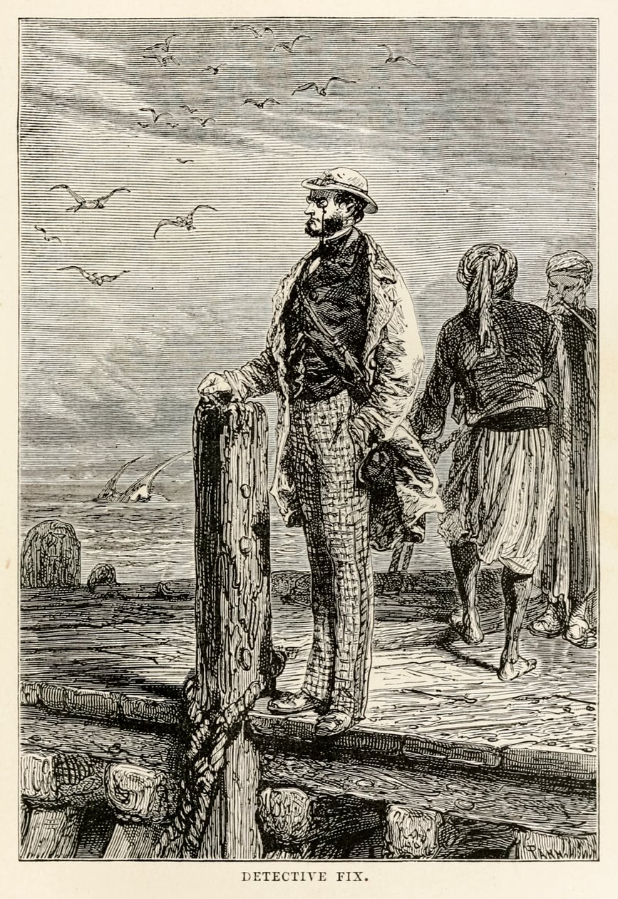 Etsivä Fix, Jules Vernen (1828-1905) teoksesta Maailman ympäri kahdeksassakymmenessä päivässä, kaivertaja Louis Dumont (s.1822), 1873. tekijältä after Alphonse Marie de Neuville