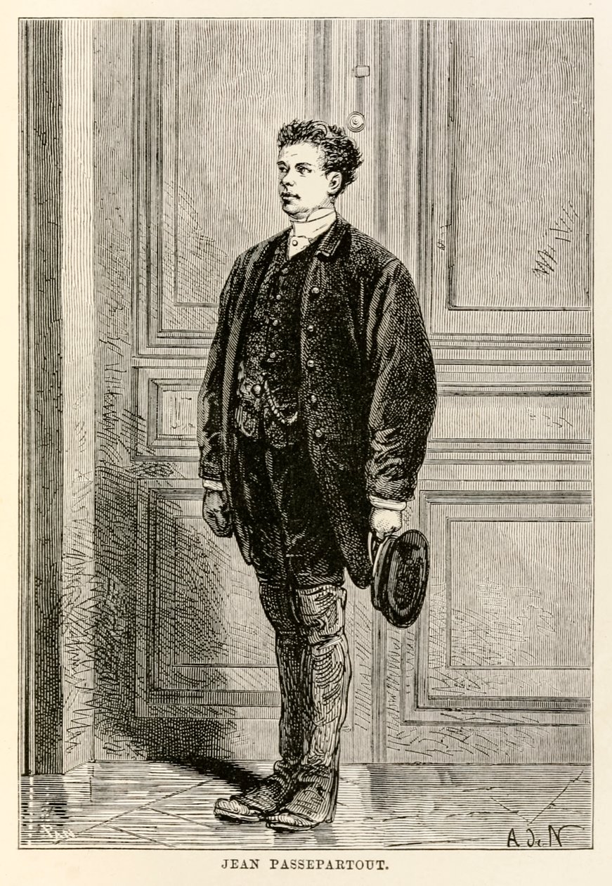 Jean Passepartout, Jules Vernen (1828-1905) teoksesta Maailman ympäri kahdeksankymmenessä päivässä, kaiverrus Louis Dumont (s.1822) 1873 tekijältä after Alphonse Marie de Neuville