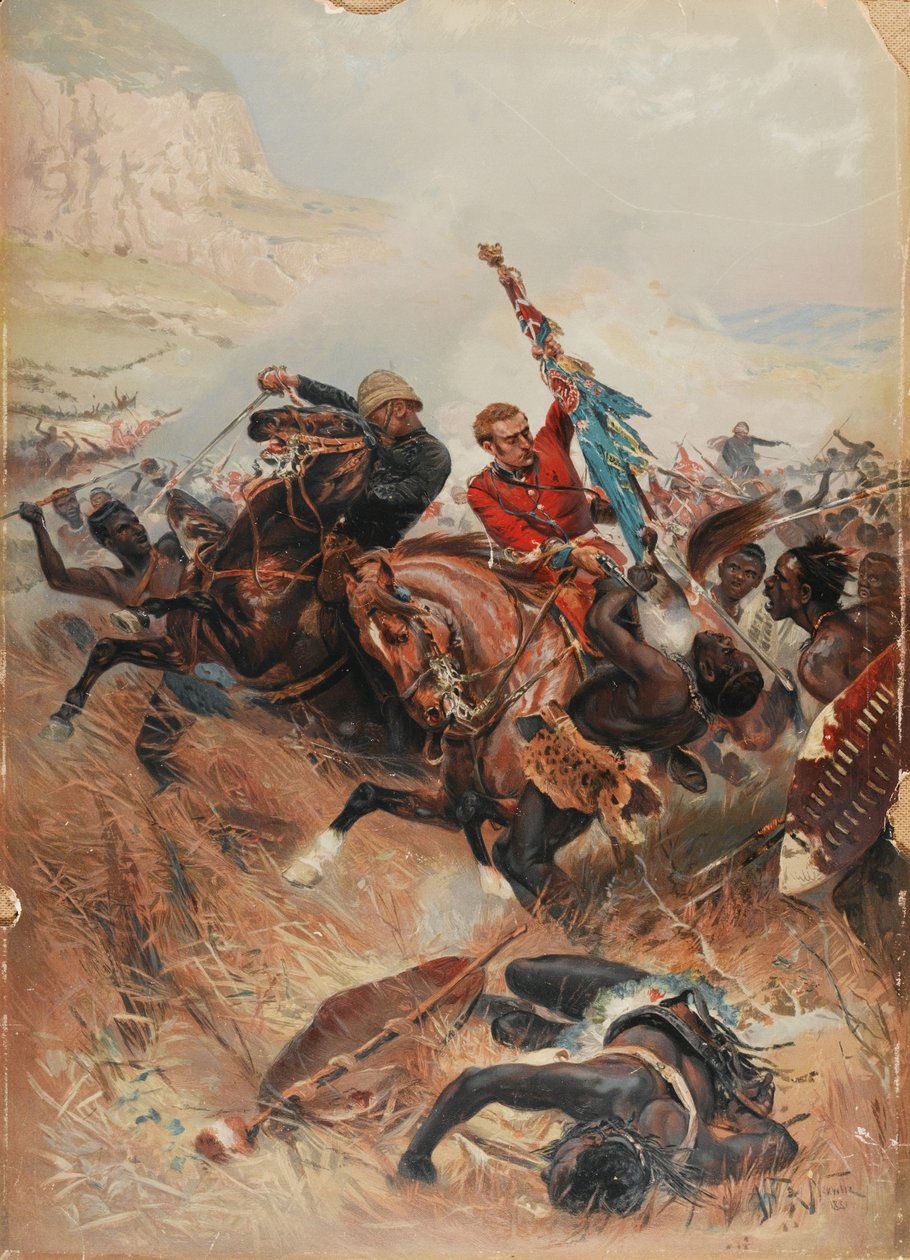 Luutnantit Melville ja Coghill pelastamassa sotaväriä, zulusota 1879, 1881 (kromoliittikuvaus) tekijältä after Alphonse Marie de Neuville