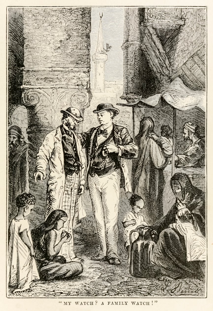 Kelloni? Perhekello!, Jules Vernen (1828-1905) teoksesta Maailman ympäri kahdeksassakymmenessä päivässä, kaivertaja Louis Dumont (s.1822), 1873. tekijältä after Alphonse Marie de Neuville