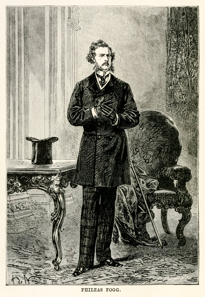 Phileas Fogg, Jules Vernen (1828-1905) teoksesta Maailman ympäri kahdeksassakymmenessä päivässä, kaiverrus Louis Dumont (s.1822) 1873 tekijältä after Alphonse Marie de Neuville
