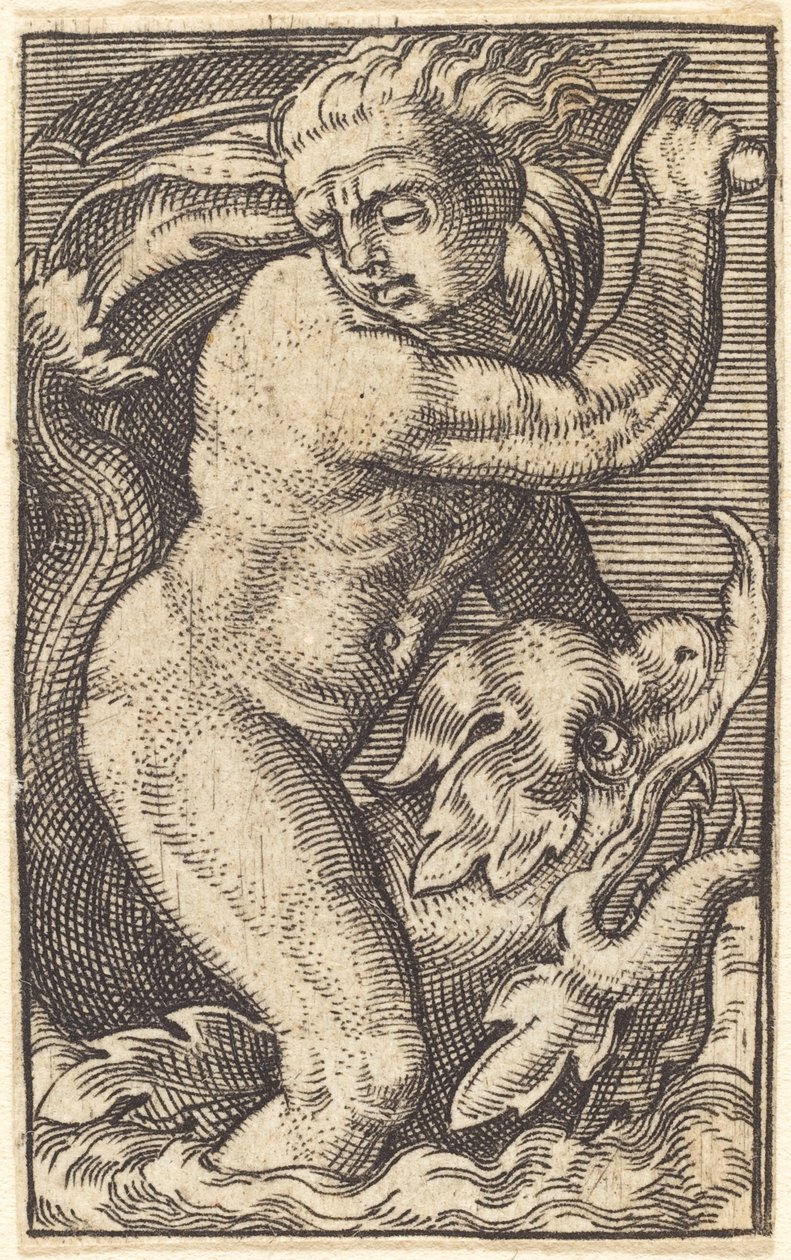 Käänteinen kopio "Sea-God to the Left Rading on a Dolphin" tekijältä after Barthel Beham
