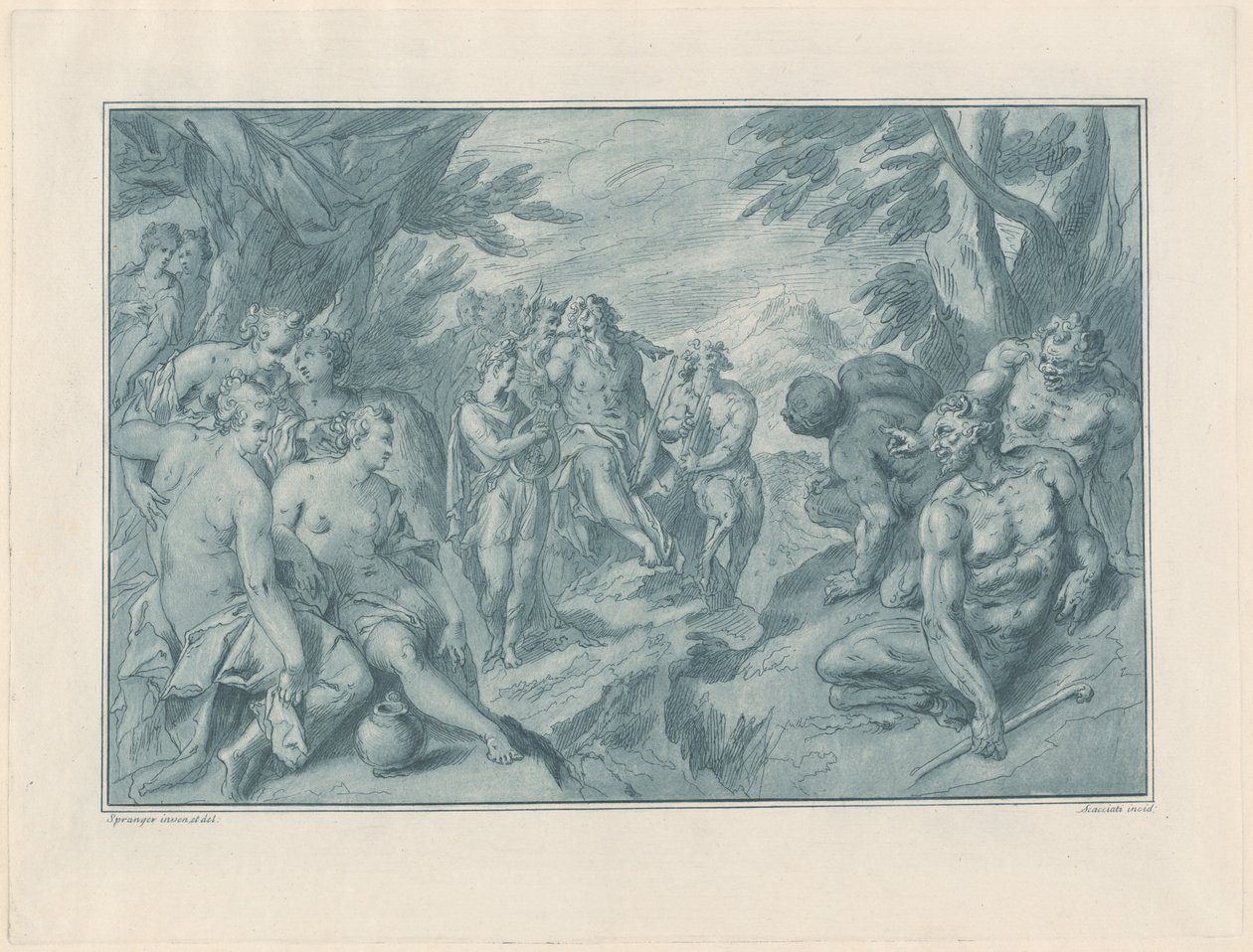Musiikkikilpailu Apollon ja Panin välillä tekijältä after Bartholomaeus Spranger Andrea Scacciati