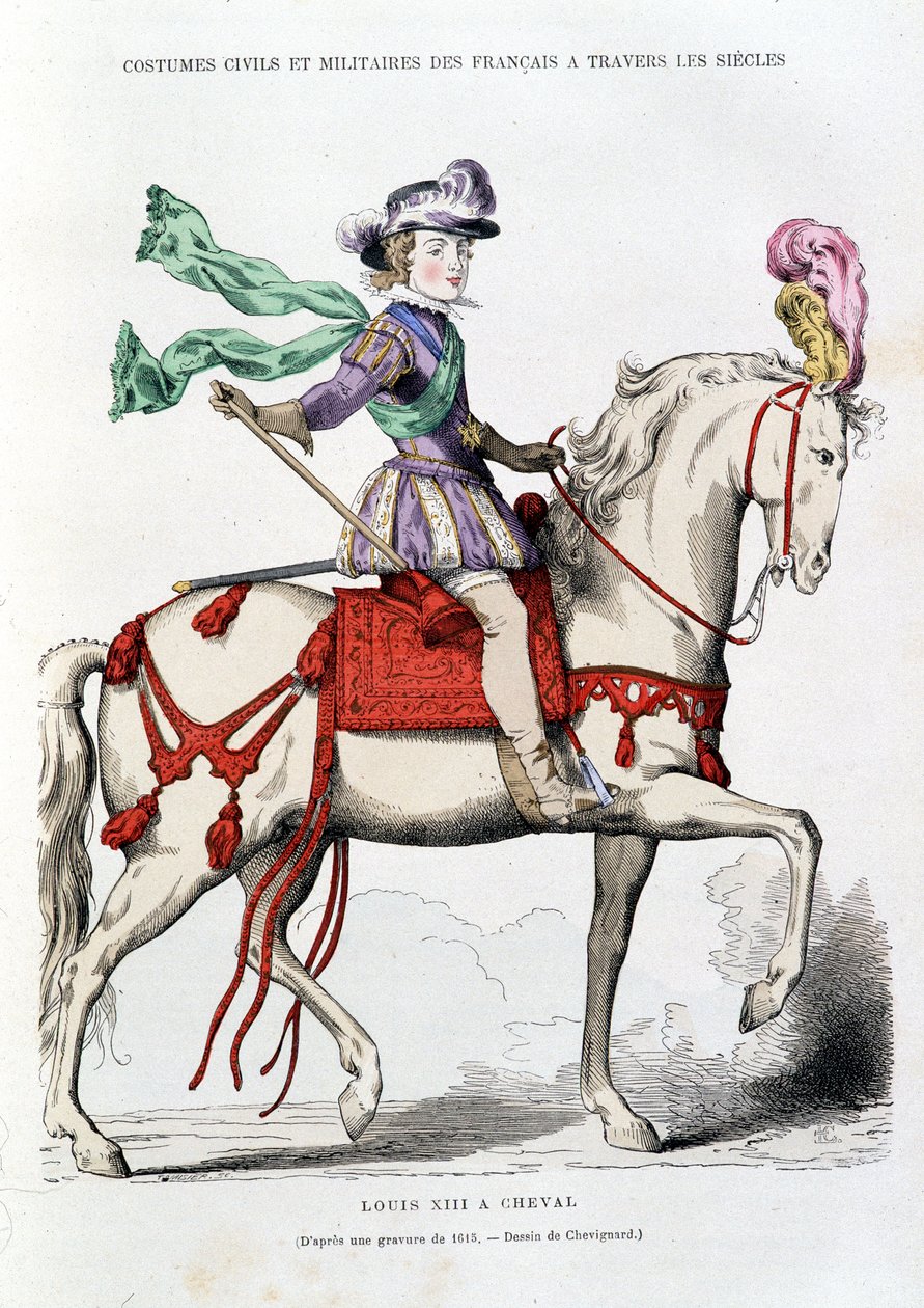 Ludvig XIII hevosen selässä kaiverruksesta vuodelta 1615 - Chevignardin piirustus. tekijältä after Chevignard