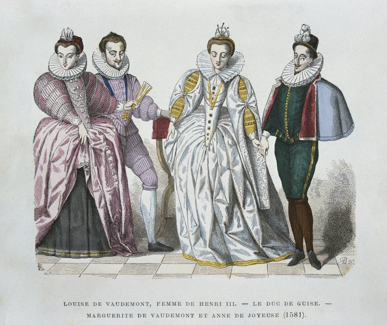 Louise of Lorraine-Vaudemont (1553-1601), Henri III:n vaimo, Guisen herttua (1549-88), Marguerite of Vaudemont (1564-1625) ja Anne of Joyeuse (1561-87) tekijältä after Chevignard