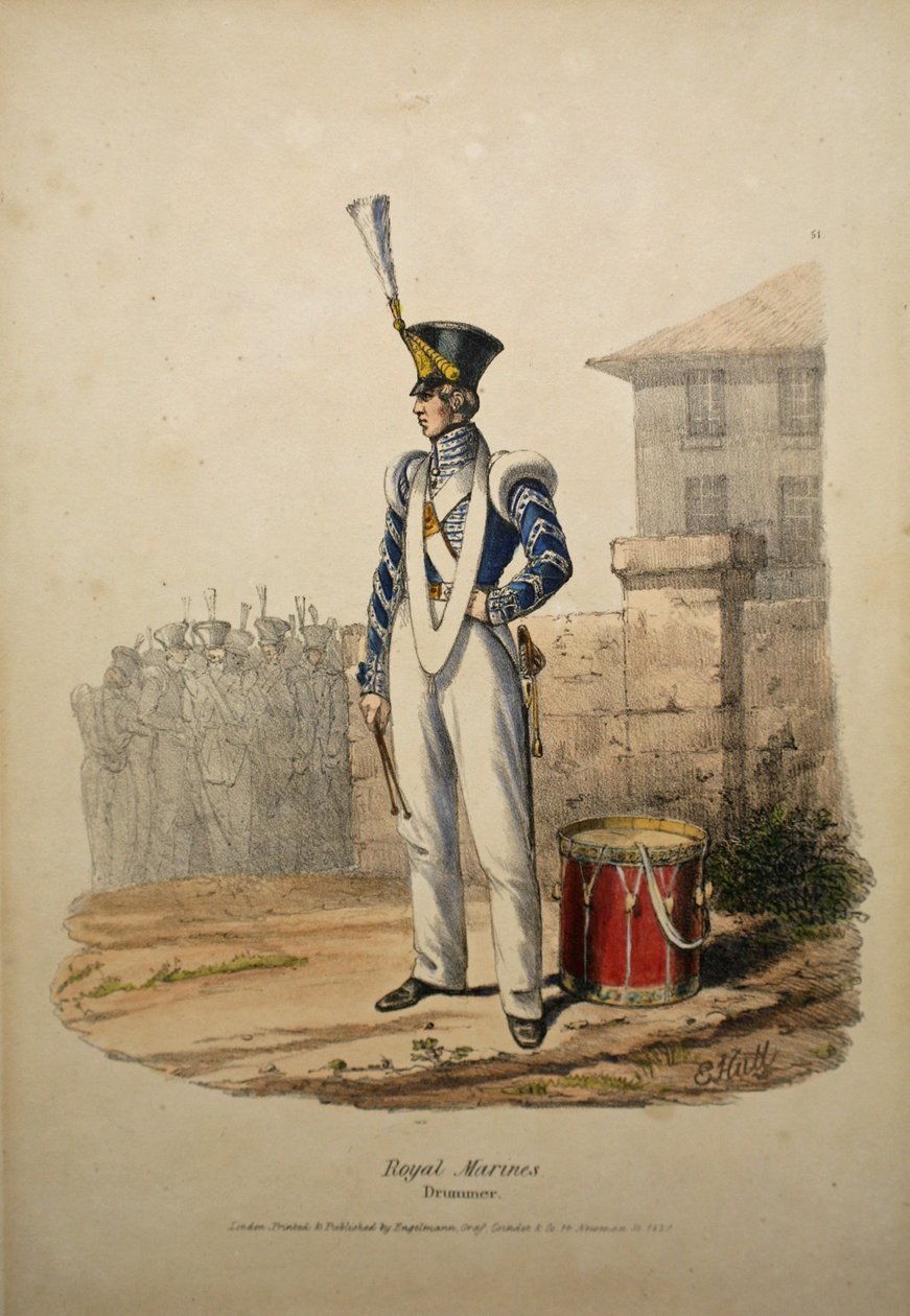 Kuninkaallisen merijalkaväen rumpali, noin 1829 (käsin värjätty litografia). tekijältä after Edward Hull