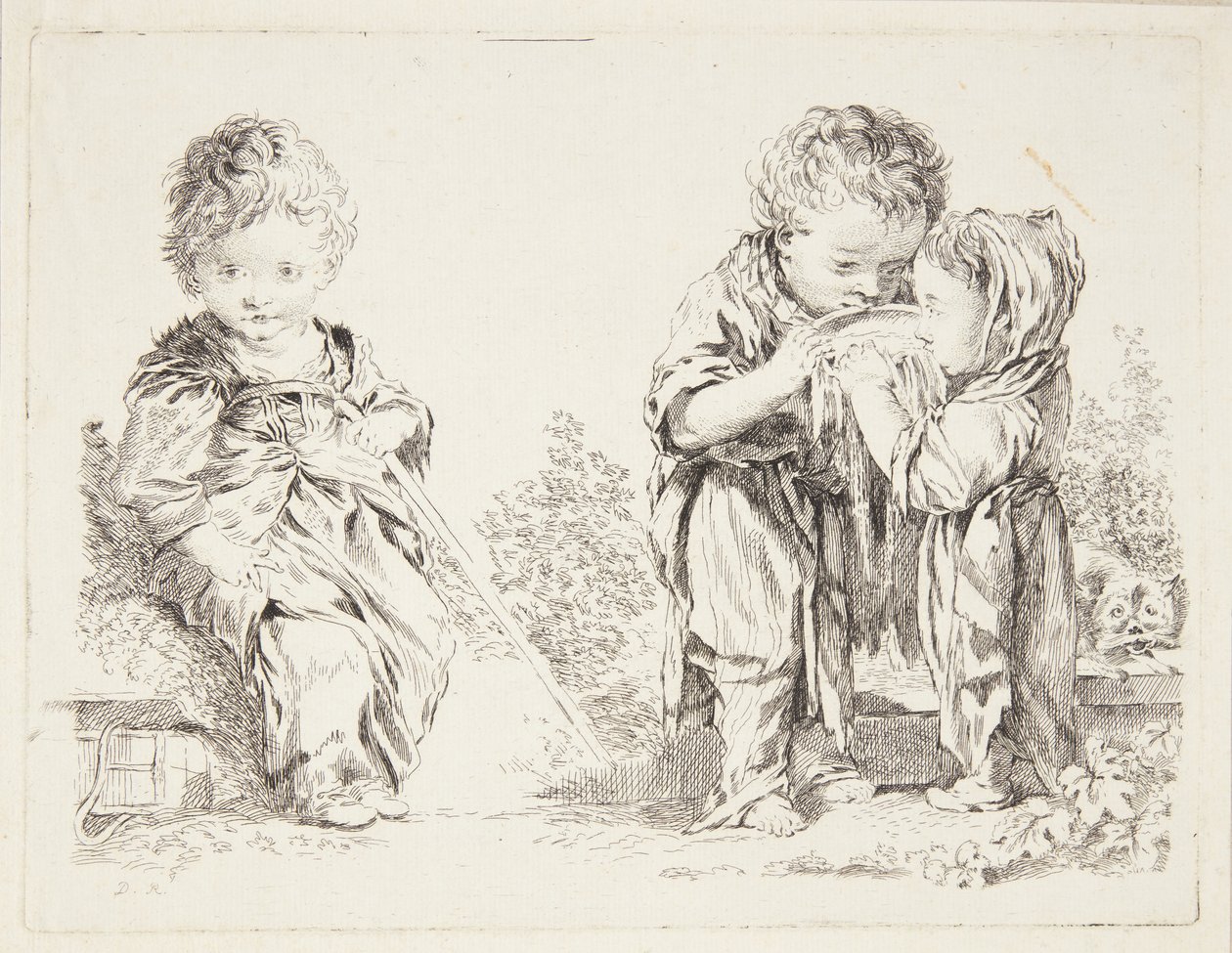Lapsi istuu maanpalalla ja pienet maidon juojat tekijältä after Francois Boucher