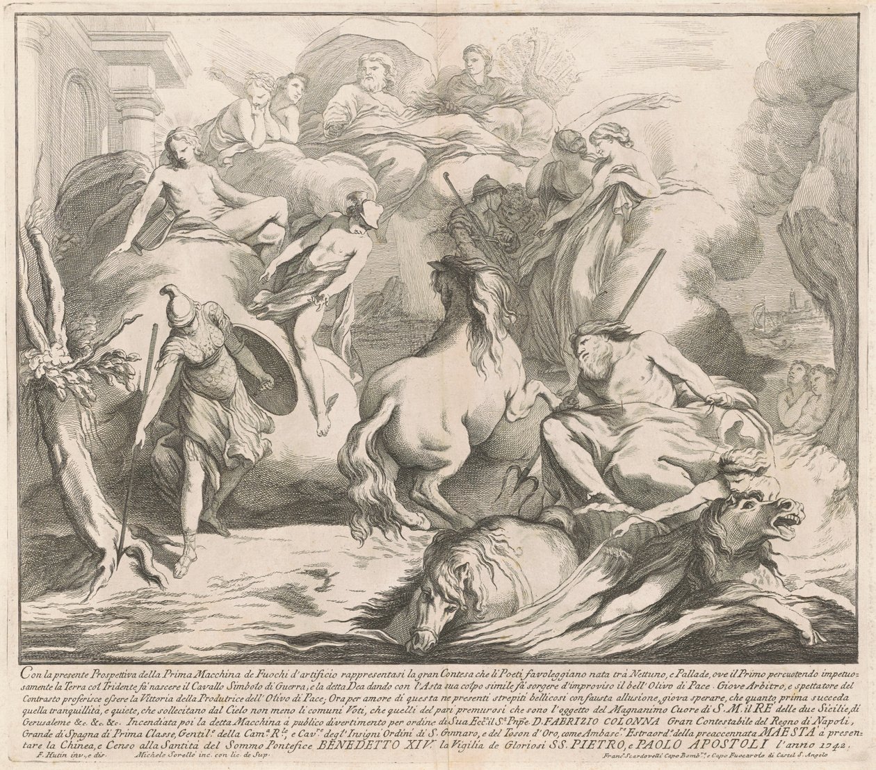 Prima Macchina Kiinalle 1742: Neptunuksen ja Minervan kilpailu tekijältä after François Hutin Miguel de Sorellò