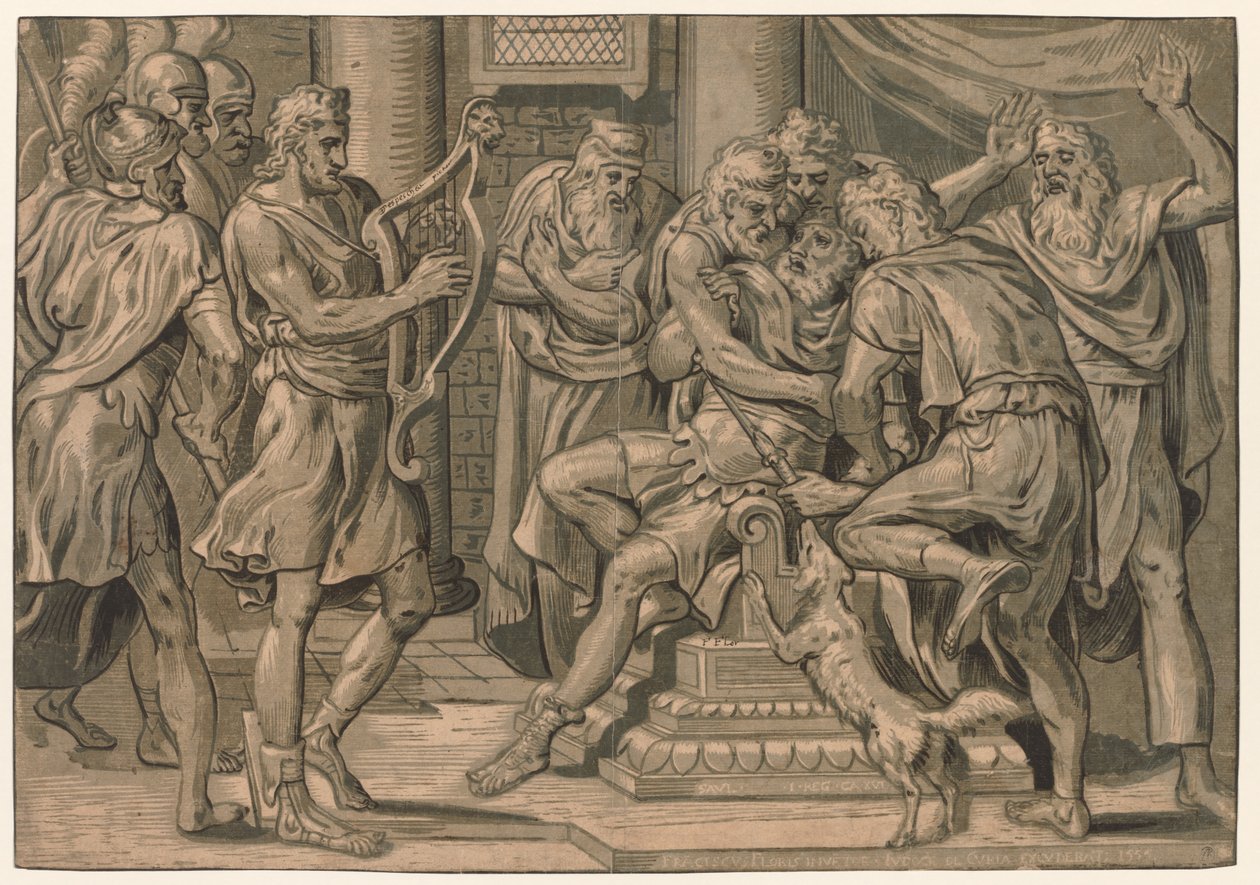 Daavid soittamassa harppua Saulin edessä tekijältä after Frans Floris