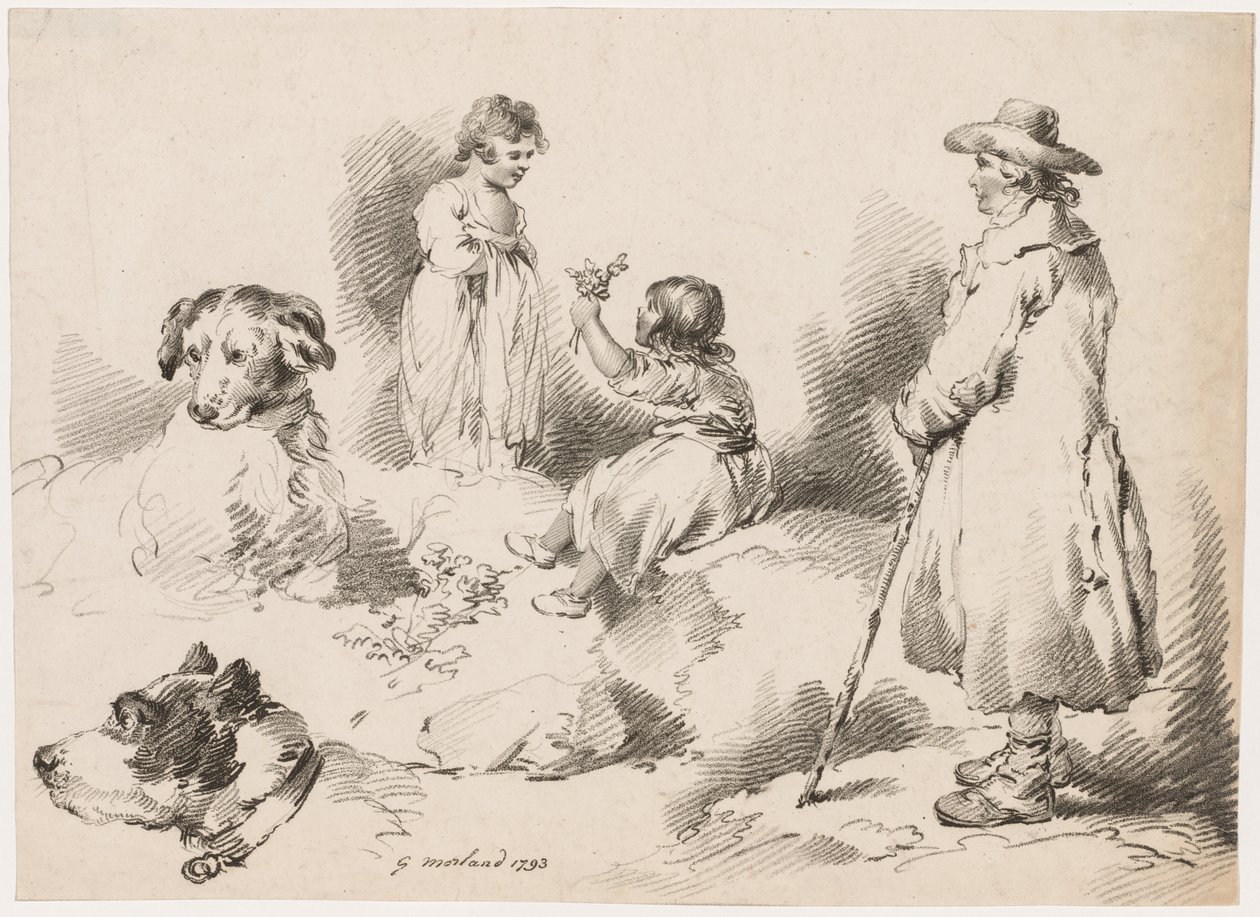 Lapsitutkimukset (kaksi pientä tyttöä); Kaksi koiraa; Mies tekijältä after George Morland