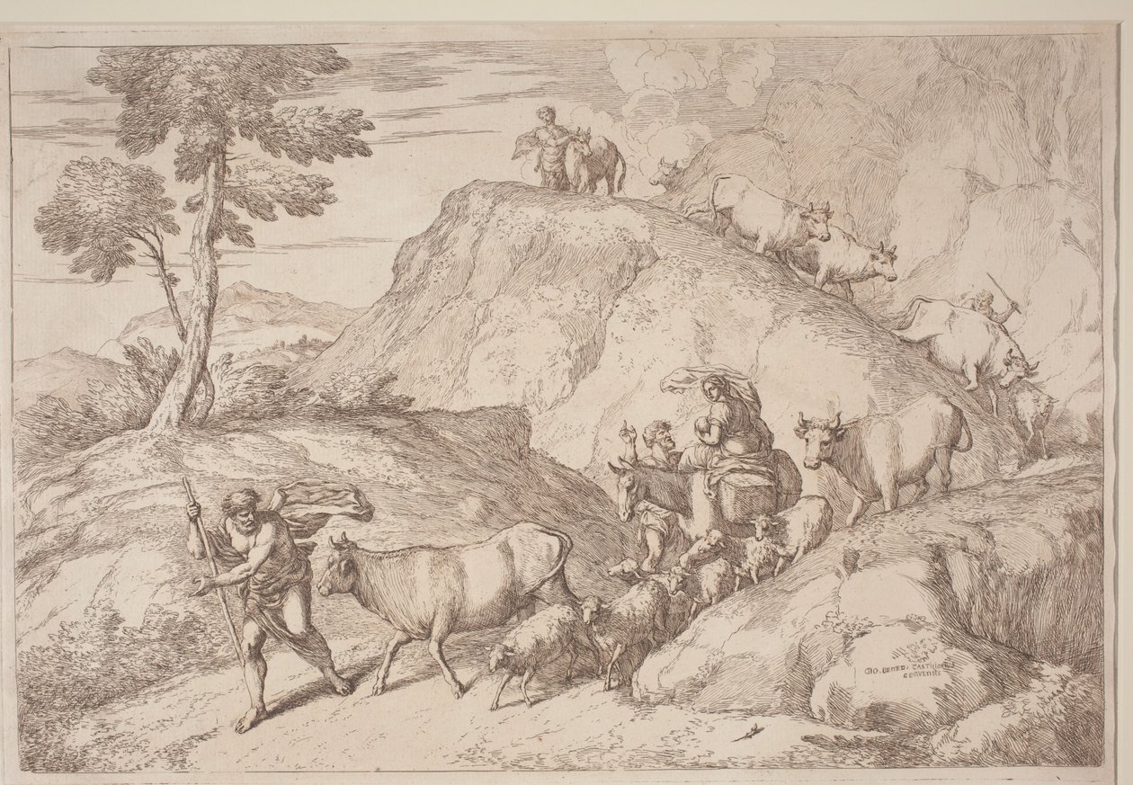Iäkäs paimen, joka johtaa laumaa tekijältä after Giovanni Benedetto Castiglione Gaetano Zompini
