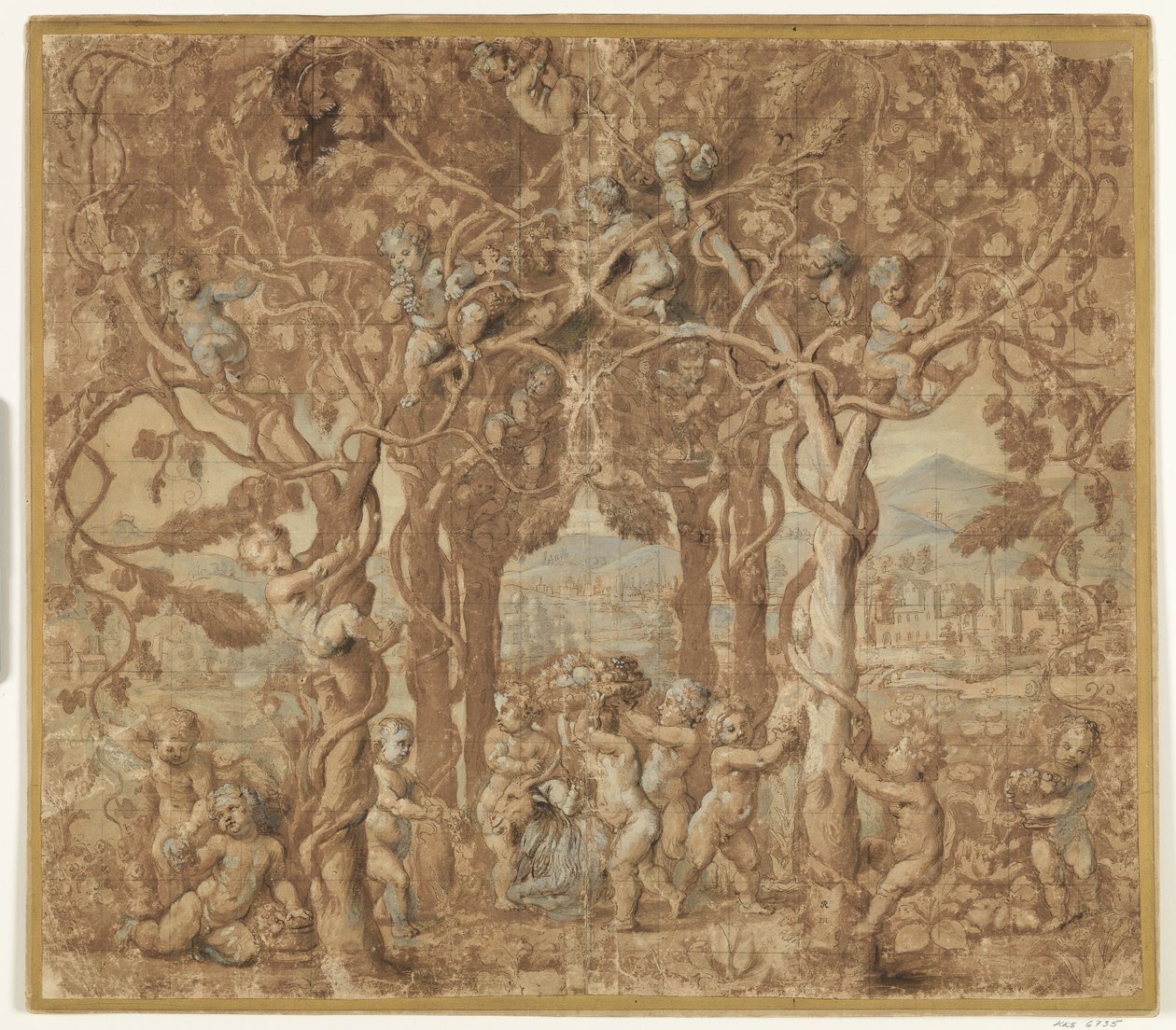 Putti poimimassa viiniä ja leikkimässä vuohen kanssa tekijältä after Giulio Romano