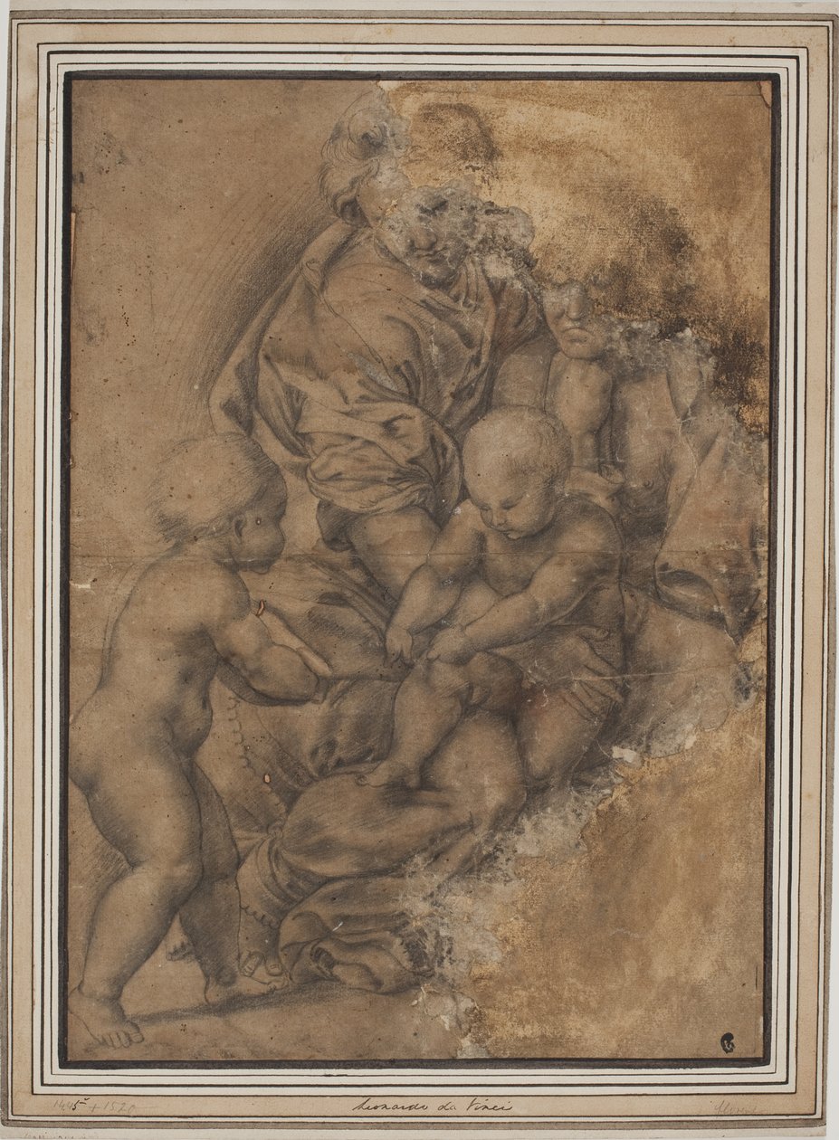 Pyhä perhe vauvan Johannes Kastajan kanssa. Giulio Romanon Madonna della Gattan jälkeen tekijältä after Giulio Romano