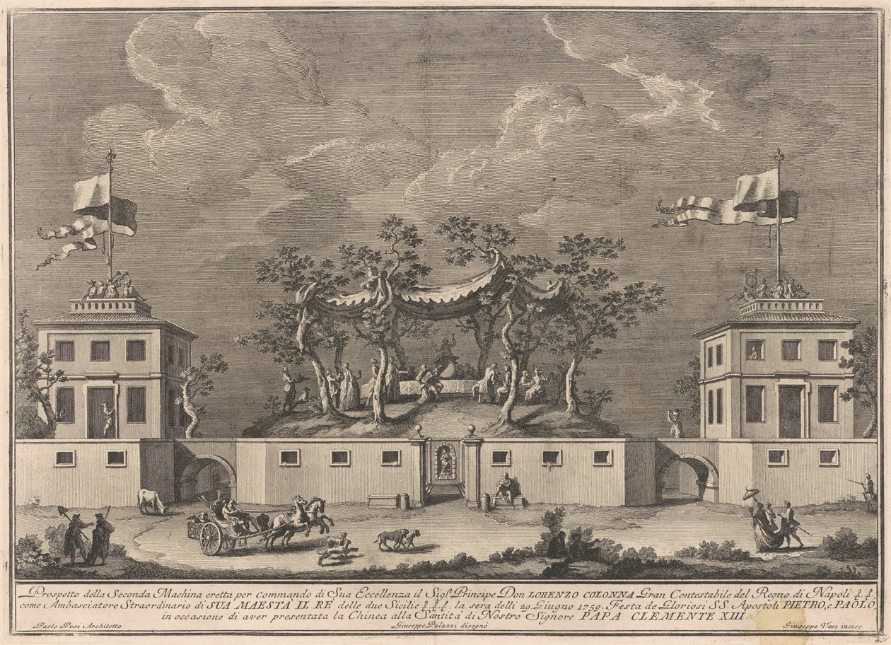 The Seconda Macchina for the Chinea vuodelta 1759: "Deliziosa" bakkanaalilla tekijältä after Giuseppe Palazzi Giuseppe Vasi after Paolo Posi