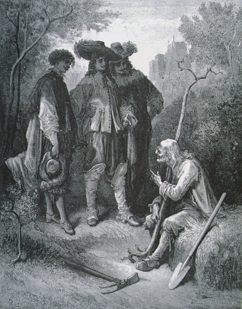 Kuvitus elokuvalle Vanha mies ja kolme nuorta miestä Jean de La Fontainen (1621-95) taruista tekijältä Gustave after Dore