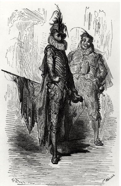 Kuvitus Le Capitaine Fracassesta, kirjoittanut Theophile Gautier (1811-72), kaivertanut Fortune Louis Meaulle (1844-1901) 1866 tekijältä Gustave after Dore