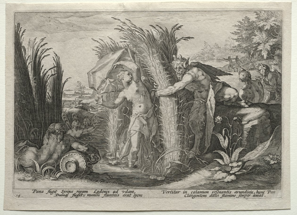 Pan jahtaa Syrinxiä tekijältä after Hendrick Goltzius