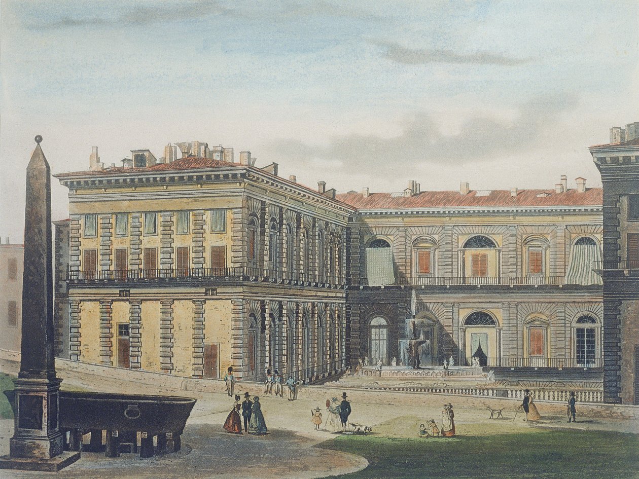 Palazzo Pittin sisäpiha Firenzessä, kaiverrus Johann Falkeisen (1804-83) ja värittänyt L. Cherbuin, n. 1842 (akvatinta) tekijältä after Italian School