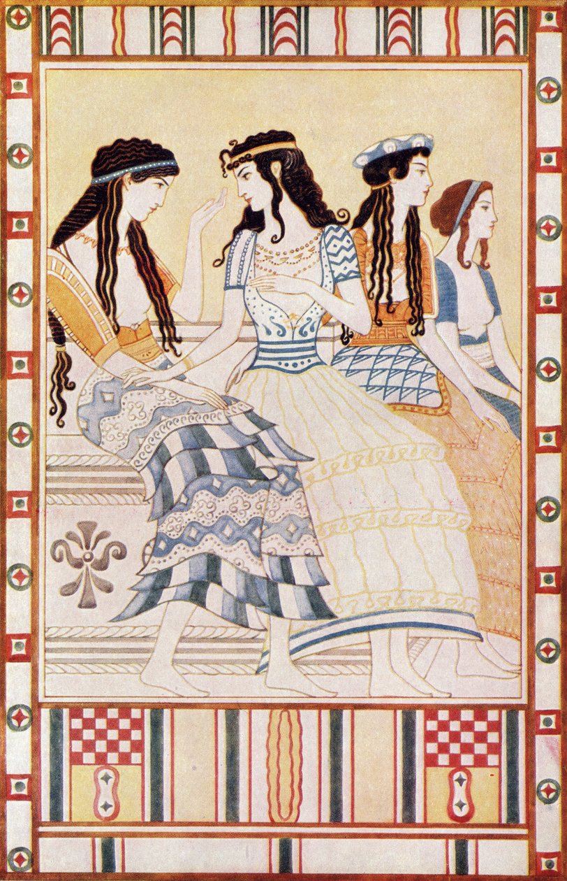 Ladies of the Minoan Court, kuvitus Donald A. Mackenzien teoksesta "Myths of Crete and Pre-Hellenic Europe", julkaistu vuonna 1917 tekijältä after John Duncan