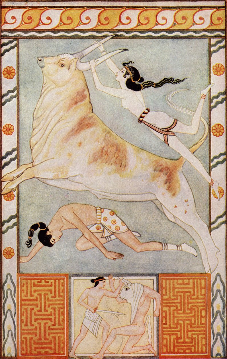 The Bull Baiters, kuvitus Donald A. Mackenzien teoksesta "Myths of Crete and Pre-Hellenic Europe", julkaistu vuonna 1917 tekijältä after John Duncan