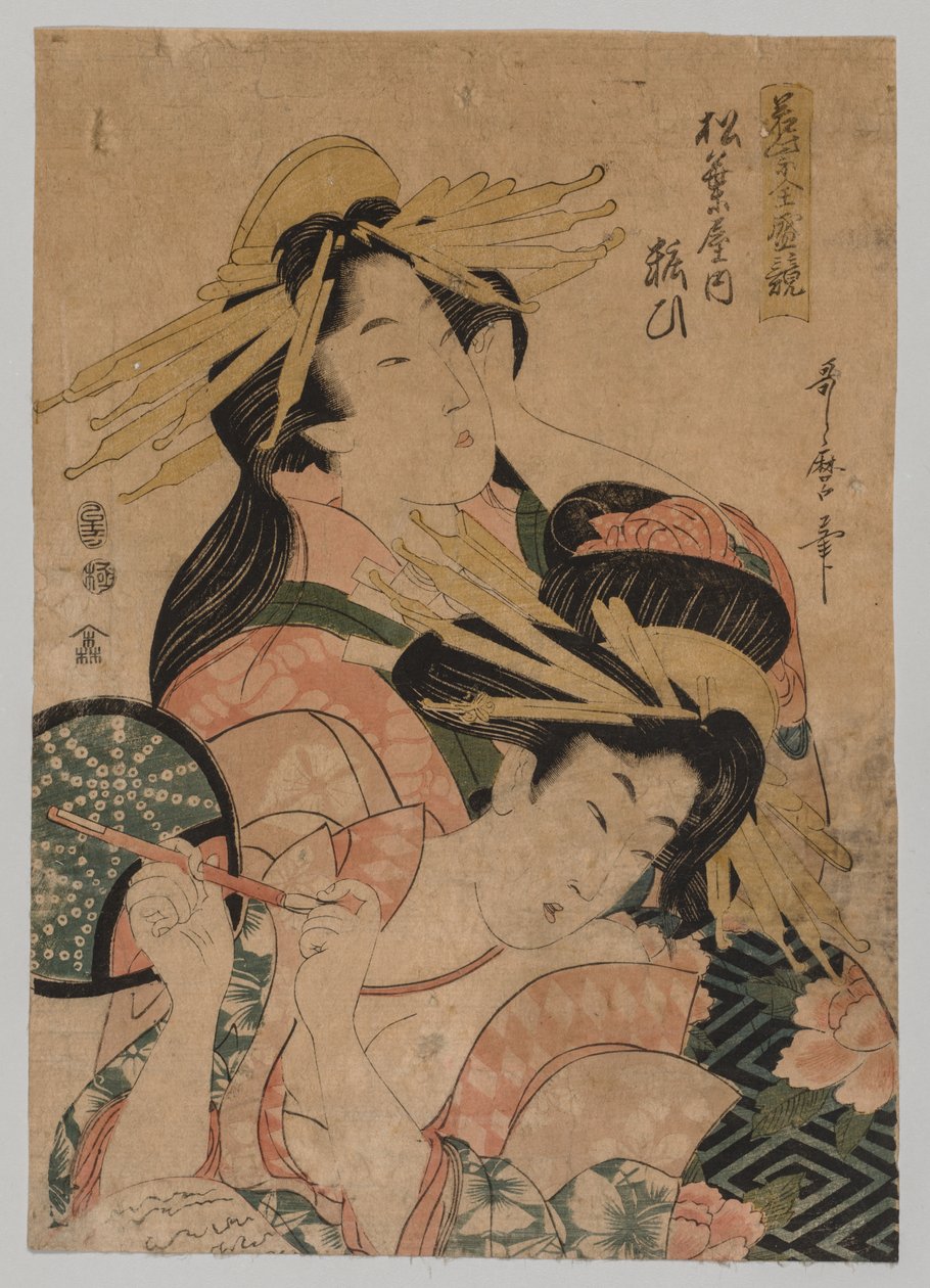Puolipitkä muotokuva kahdesta kurtisaanista tekijältä after Kitagawa Utamaro