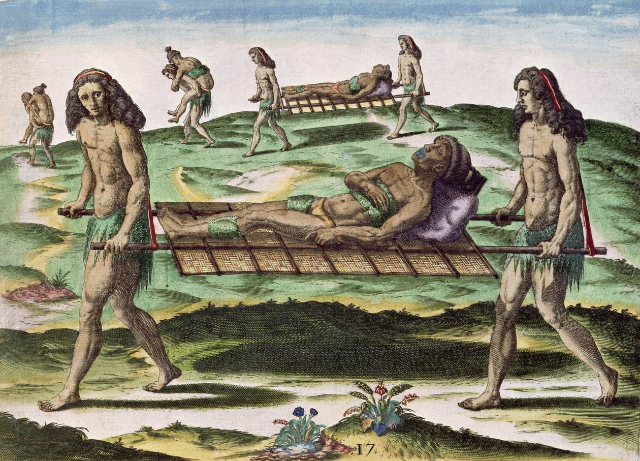 Hermafrodiitit kuljettavat loukkaantuneita, teoksesta "Brevis Narratio...", julkaissut Theodore de Bry, 1591. tekijältä after Le Moyne, J.Bry