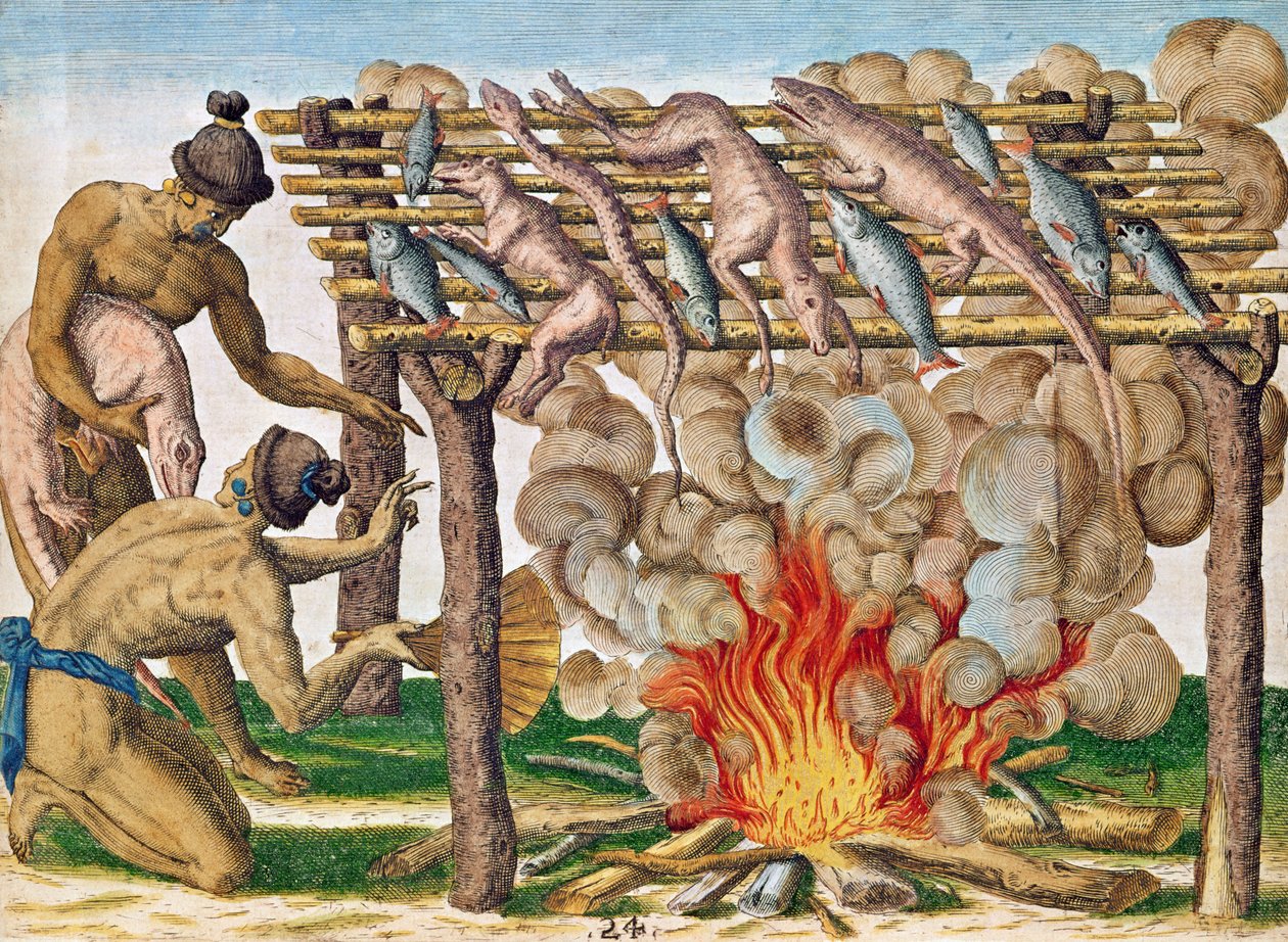 Kuinka grillata eläimiä Theodore de Bryn julkaisemasta Brevis Narratiosta..., 1591 tekijältä after Le Moyne, J.Bry
