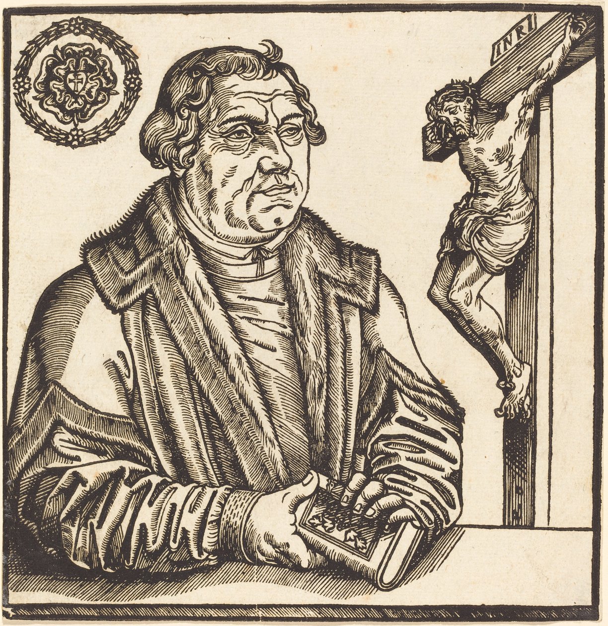 Martin Luther, puolipitkä vasemmalle kirja käsissään tekijältä after Lucas Cranach the Younger