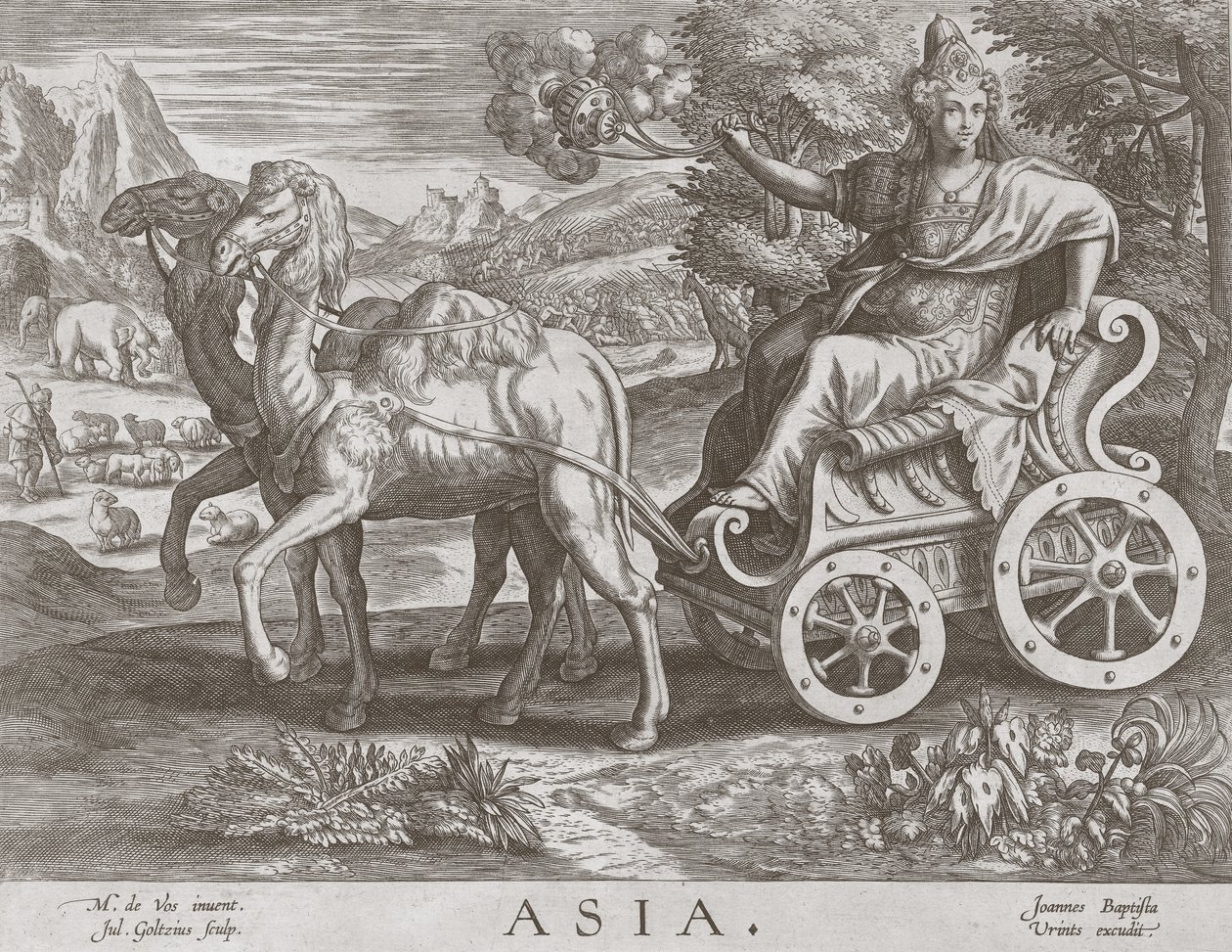 Aasia neljältä mantereelta, pub. C 1588-89 tekijältä after Maarten de Vos