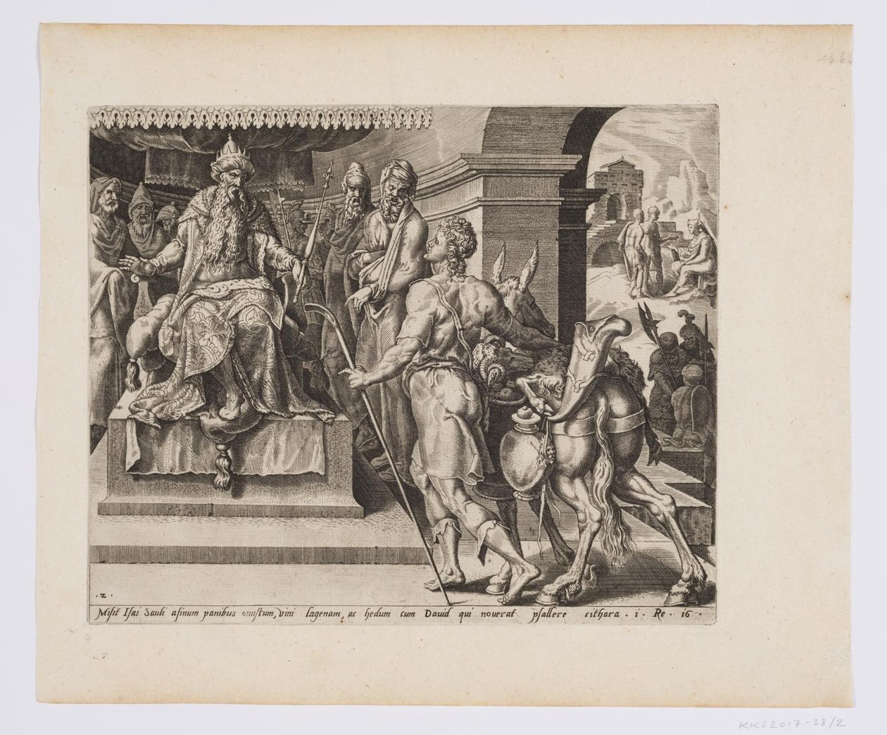 Daavid tuomassa Saulille lahjoja isältään tekijältä after Maarten van Heemskerck