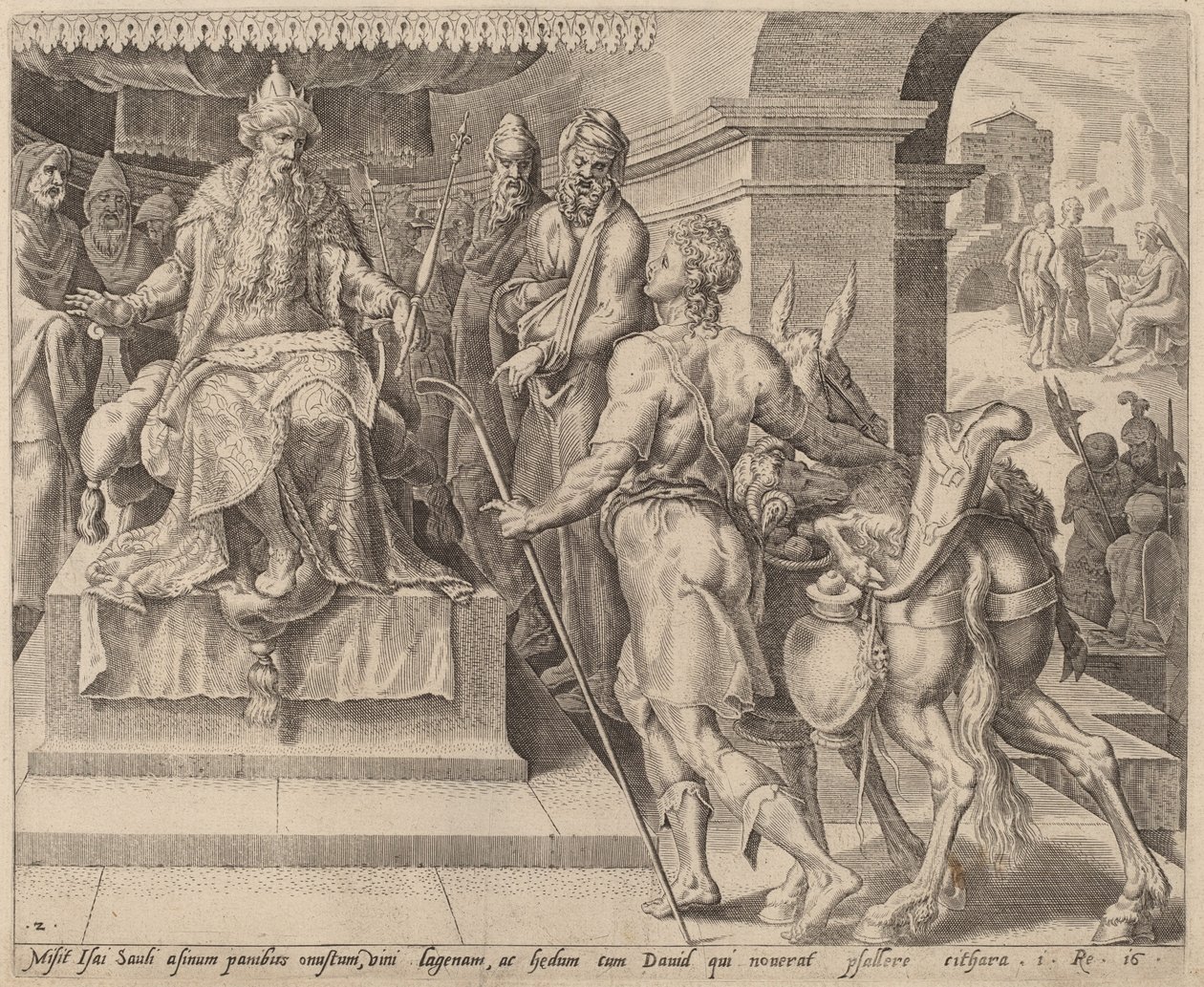 Daavid tuo lahjoja isältään Saulille tekijältä after Maerten van Heemskerck