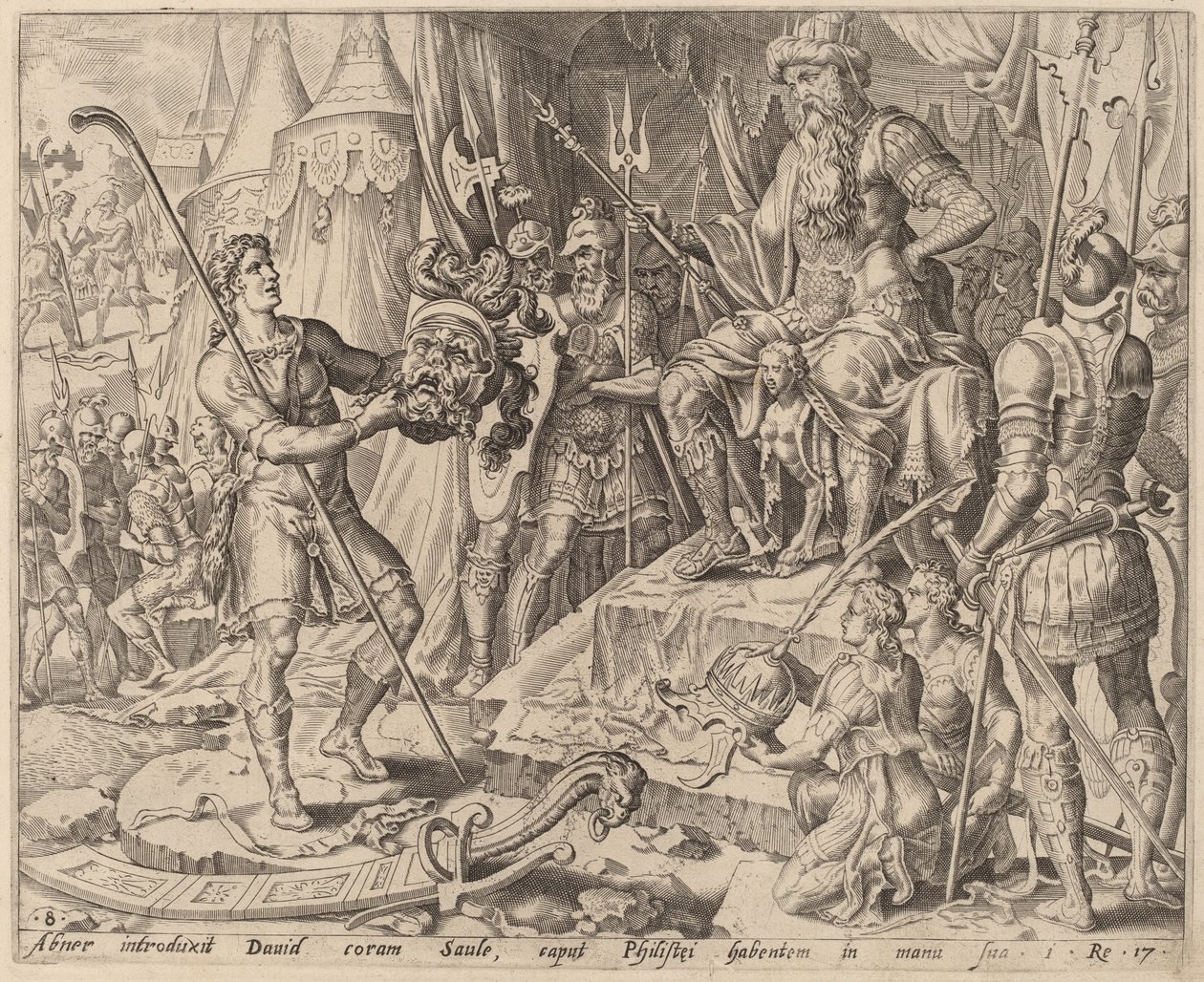 Daavid Goljatin pään kanssa Saulin edessä tekijältä after Maerten van Heemskerck