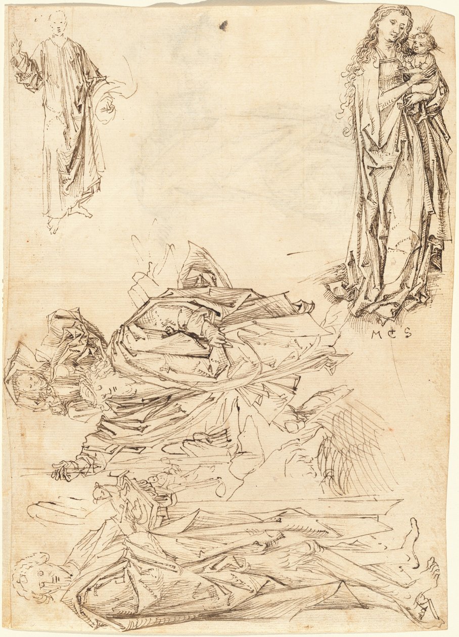 Pyhä Christopher, Pyhä Johannes Kastaja, Neitsyt ja lapsi ja Kristuksen siunaus (recto) tekijältä after Martin Schongauer Master of the Drapery Studies