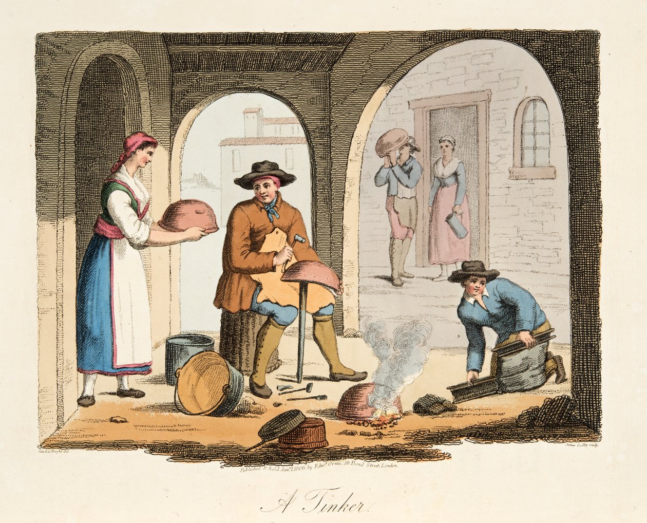 A Travelling Tinker, from Italian Scenery, representing the Manners, Customs and Amusements of the different States of Italy, pub. 1806 (käsin väritetty kaiverrus). tekijältä after P. van Lerberghi