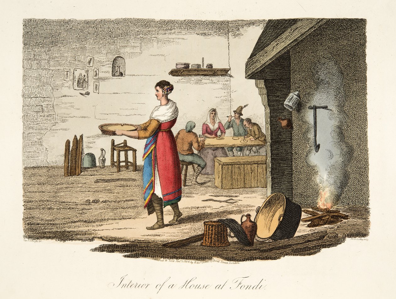 Talon sisätilat Fondissa, italialaisista maisemista, jotka esittävät Italian eri valtioiden tapoja, tottumuksia ja huvituksia, pub. 1806 (käsin väritetty kaiverrus). tekijältä after P. van Lerberghi