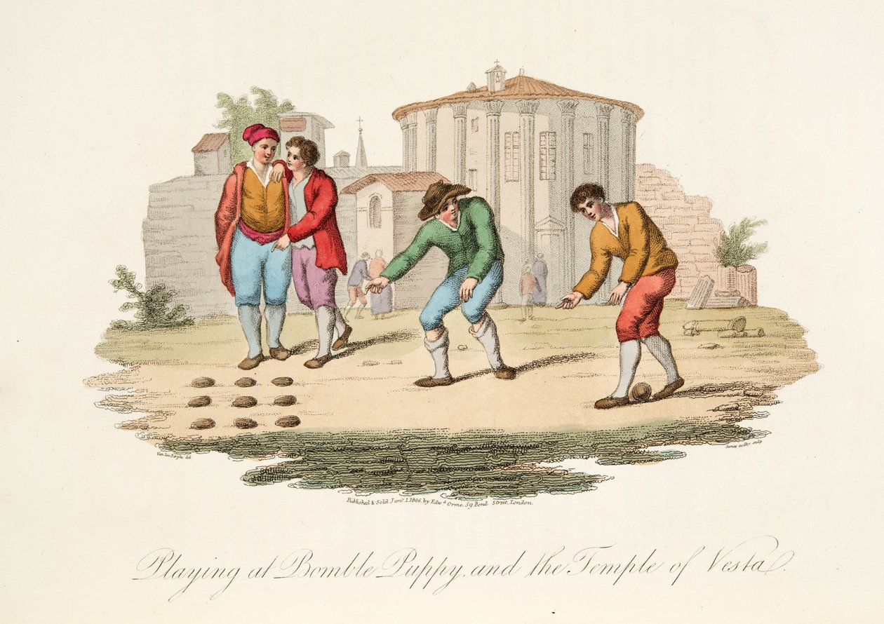 Leikkiminen Bomble Puppyssä ja Vestin temppelissä, italialaisista maisemista, jotka edustavat Italian eri valtioiden tapoja, tapoja ja huvituksia, pub. 1806 (käsin väritetty kaiverrus). tekijältä after P. van Lerberghi