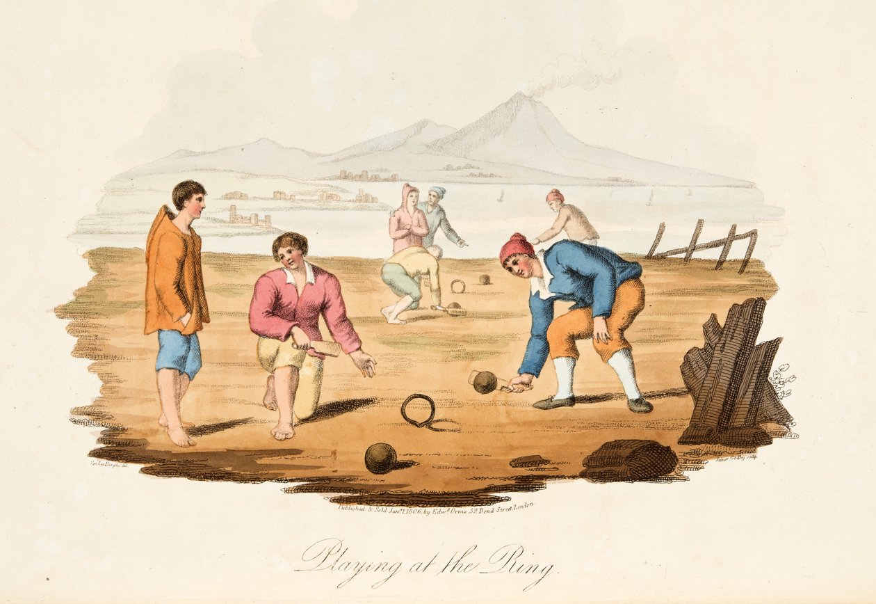 Playing at the Ring, from Italian Scenery, representing the Manners, Customs and Amusements of the different States of Italy, pub. 1806 (käsin väritetty kaiverrus) tekijältä after P. van Lerberghi